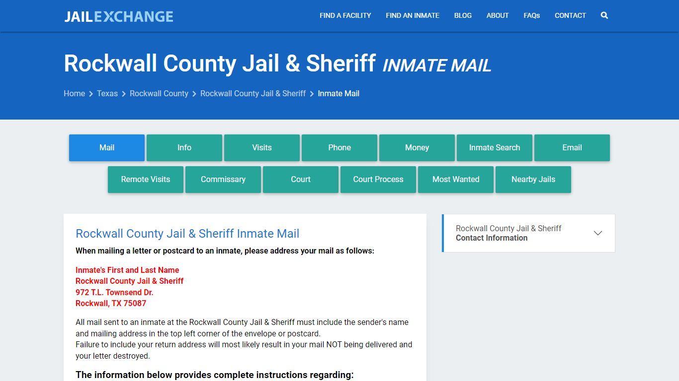 Inmate Mail - Rockwall County Jail & Sheriff, TX - Jail Exchange
